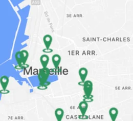 La carte des véhicules à louer autour de Marseille dans l'application Rodeeo