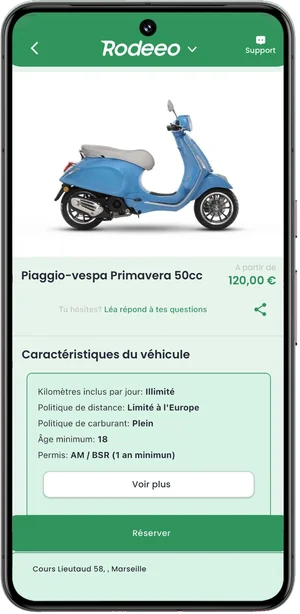 L'application Rodeeo : la fiche d'un scooter Vespa à louer à Marseille, avec son prix et ses conditions